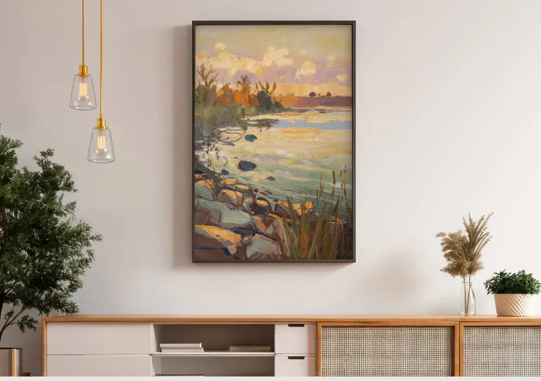 Chesapeake Scenic Horizons canvas wall art above a wooden sideboard under pendant lights