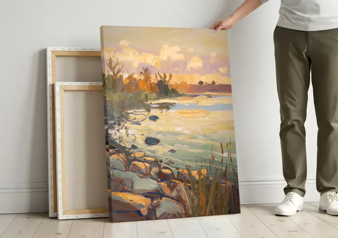 Chesapeake Scenic Horizons canvas wall art leaning against a wall next to blank canvases