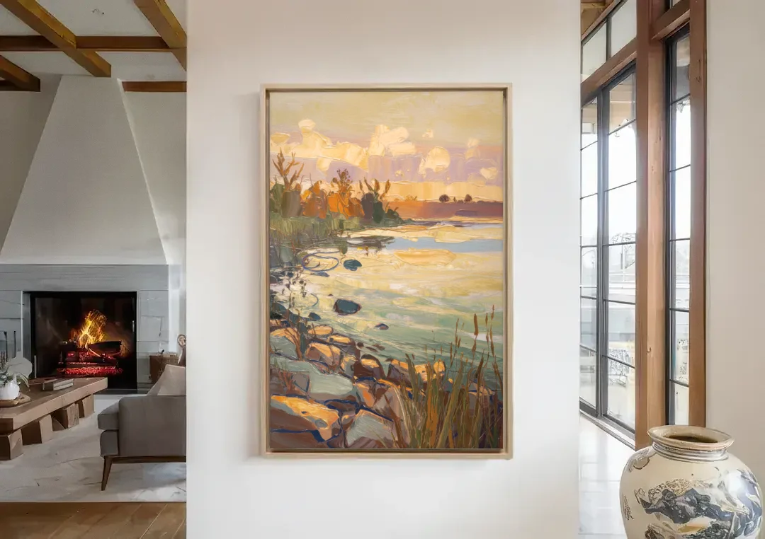 Chesapeake Scenic Horizons canvas wall art in a living room with a fireplace