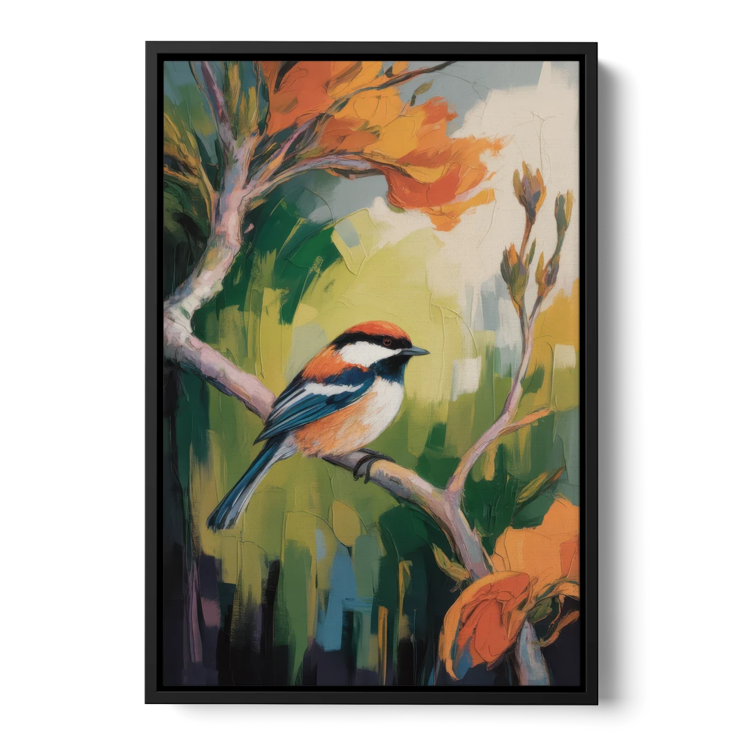 Chic Chickadee Charm - Black Framed Canvas Wall Art - Front