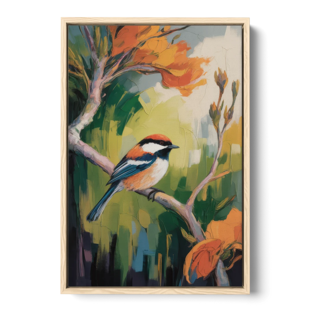 Chic Chickadee Charm - Oak Framed Canvas Wall Art - Front