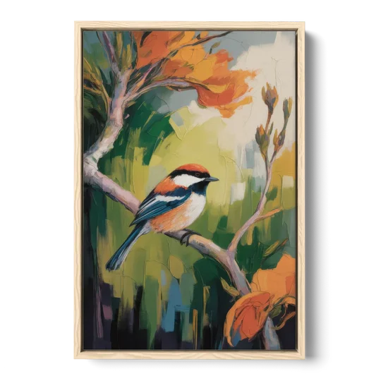 Chic Chickadee Charm - Oak Framed Canvas Wall Art - Front