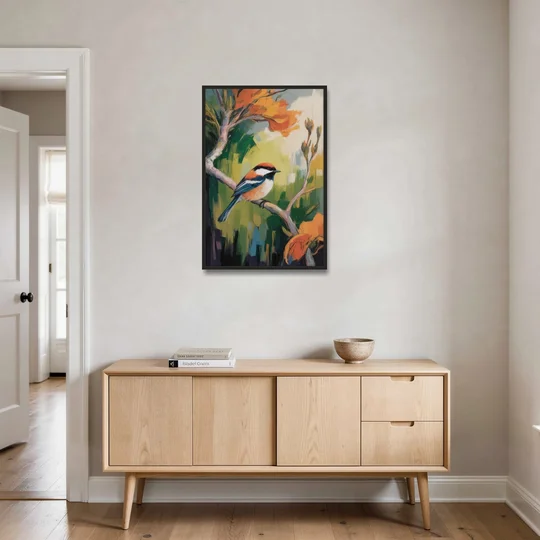 Chic Chickadee Charm - Black Framed Canvas Wall Art - Coffee Table - 24x36