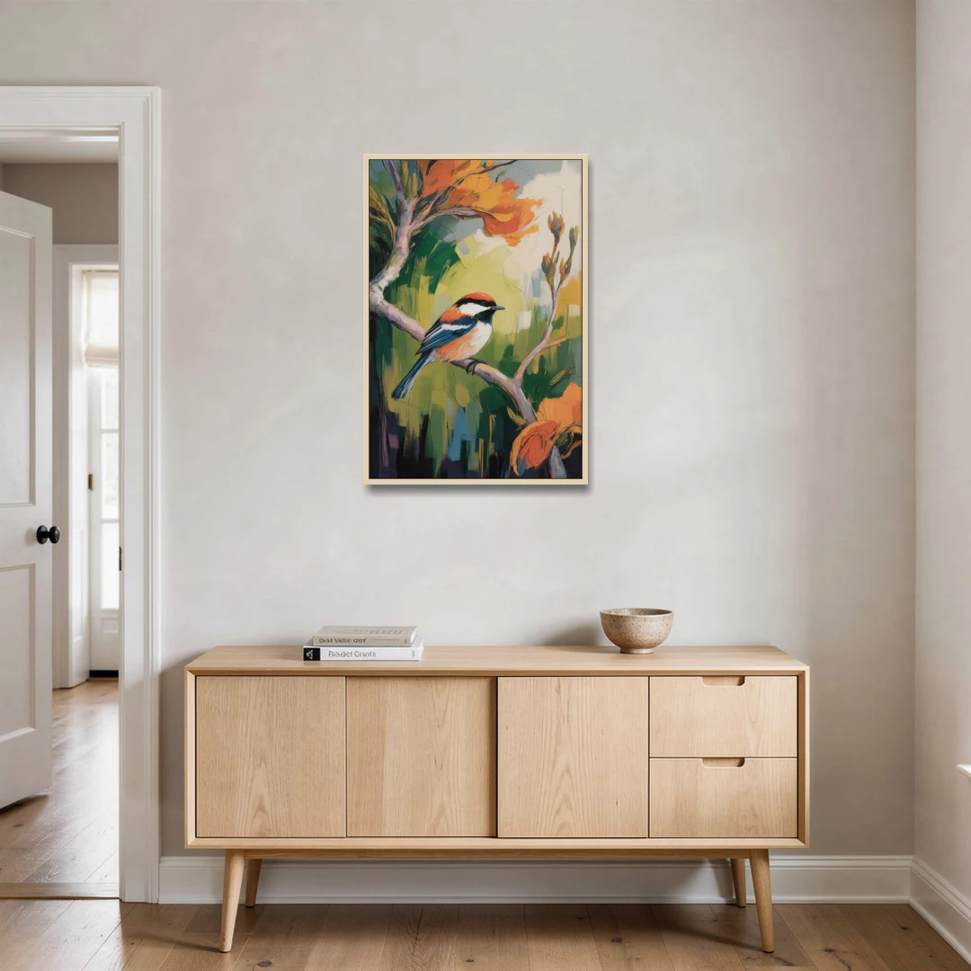 Chic Chickadee Charm - Oak Framed Canvas Wall Art - Coffee Table - 24x36