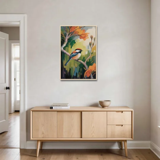 Chic Chickadee Charm - Oak Framed Canvas Wall Art - Coffee Table - 24x36