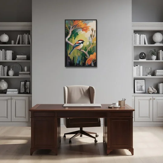 Chic Chickadee Charm - Black Framed Canvas Wall Art - Office - 24x36