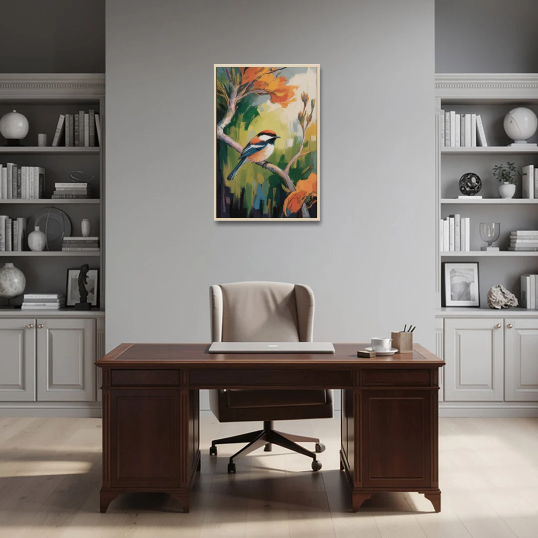 Chic Chickadee Charm - Oak Framed Canvas Wall Art - Office - 24x36