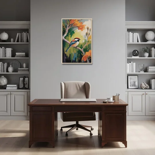 Chic Chickadee Charm - Oak Framed Canvas Wall Art - Office - 24x36