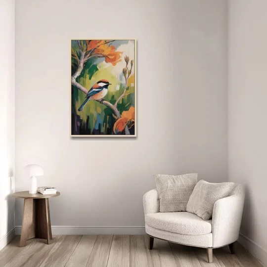 Chic Chickadee Charm - Oak Framed Canvas Wall Art - Sofa - 24x36