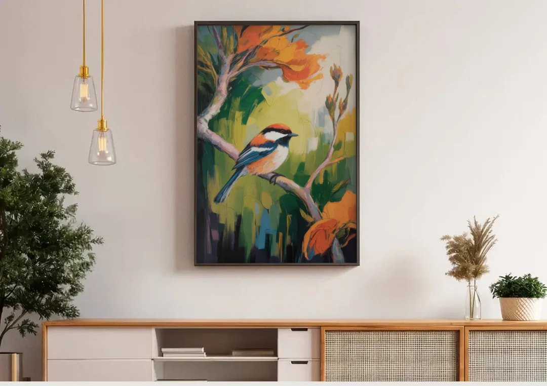 Chic Chickadee Charm canvas wall art above a wooden sideboard under pendant lights