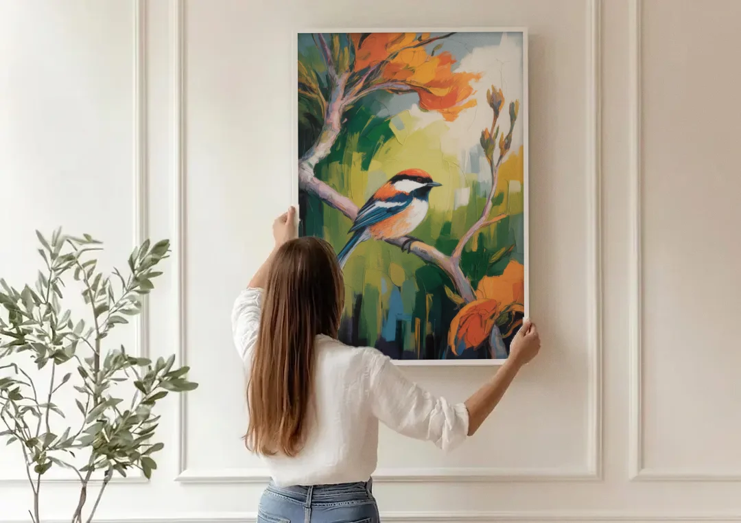 Chic Chickadee Charm canvas wall art being hung on a paneled wall