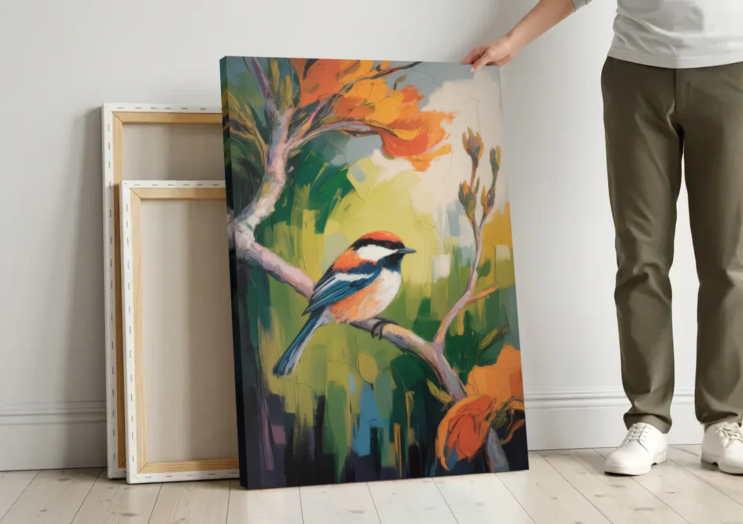 Chic Chickadee Charm canvas wall art leaning against a wall next to blank canvases