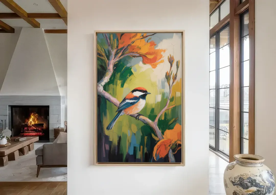 Chic Chickadee Charm canvas wall art in a living room with a fireplace
