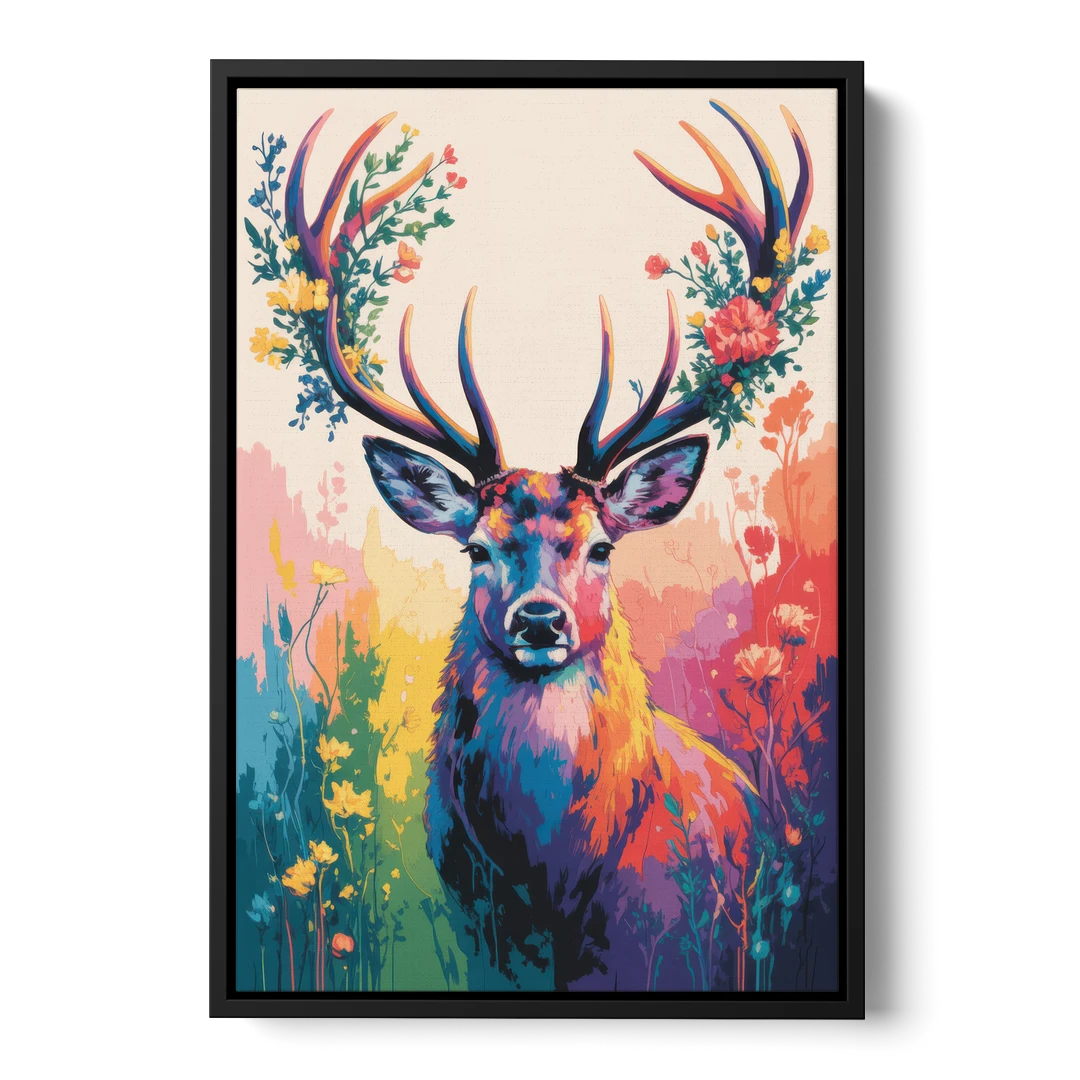 Chic Floral Deer Head - Black Framed Canvas Wall Art - Front