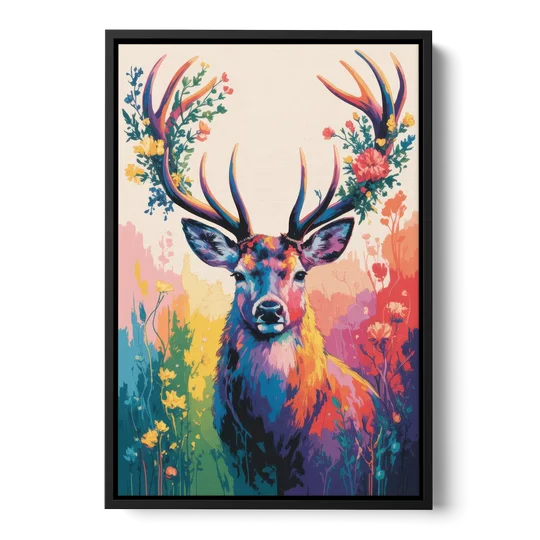 Chic Floral Deer Head - Black Framed Canvas Wall Art - Front
