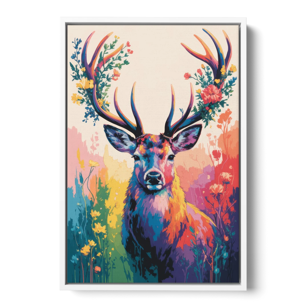 Chic Floral Deer Head - White Framed Canvas Wall Art - Front