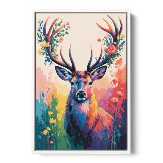 Chic Floral Deer Head - White Framed Canvas Wall Art - Front