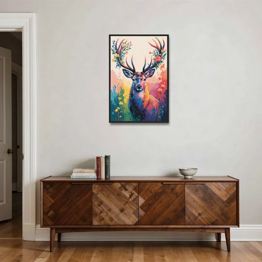Chic Floral Deer Head - Black Framed Canvas Wall Art - Coffee Table - 24x36