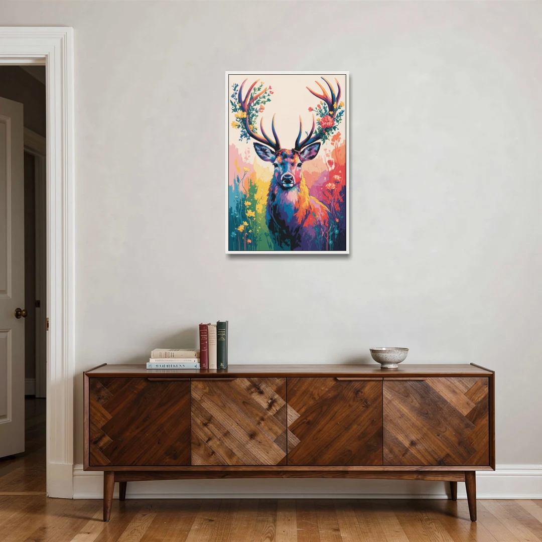 Chic Floral Deer Head - White Framed Canvas Wall Art - Coffee Table - 24x36