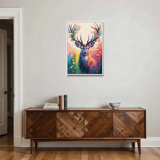 Chic Floral Deer Head - White Framed Canvas Wall Art - Coffee Table - 24x36