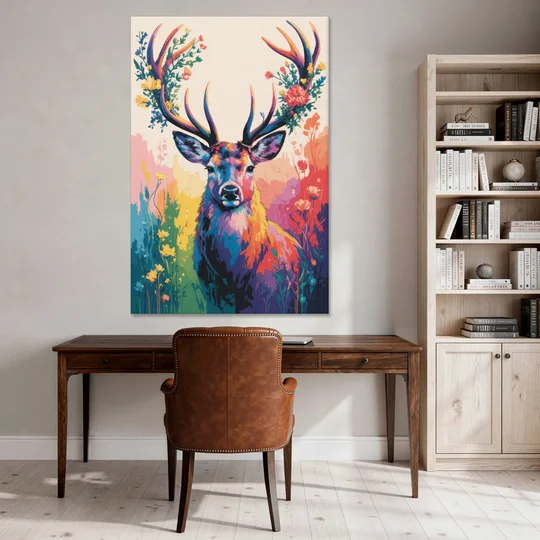 Chic Floral Deer Head - Canvas Wall Art - Office - 40x60