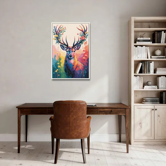 Chic Floral Deer Head - White Framed Canvas Wall Art - Office - 24x36