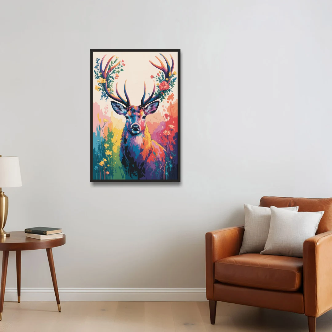 Chic Floral Deer Head - Black Framed Canvas Wall Art - Sofa - 24x36