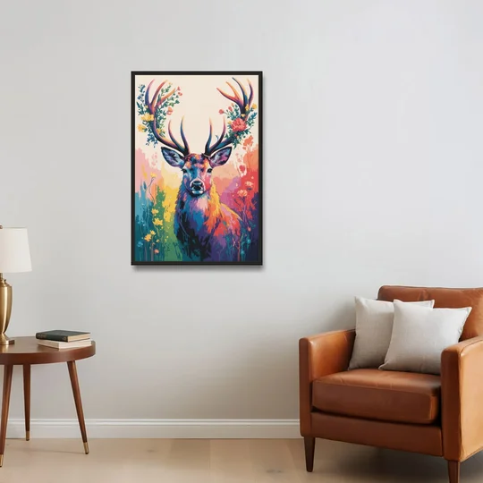 Chic Floral Deer Head - Black Framed Canvas Wall Art - Sofa - 24x36
