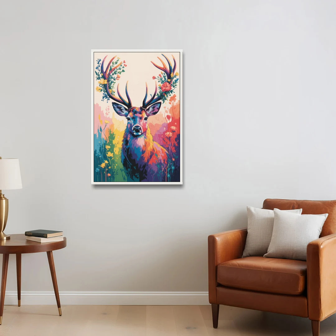 Chic Floral Deer Head - White Framed Canvas Wall Art - Sofa - 24x36