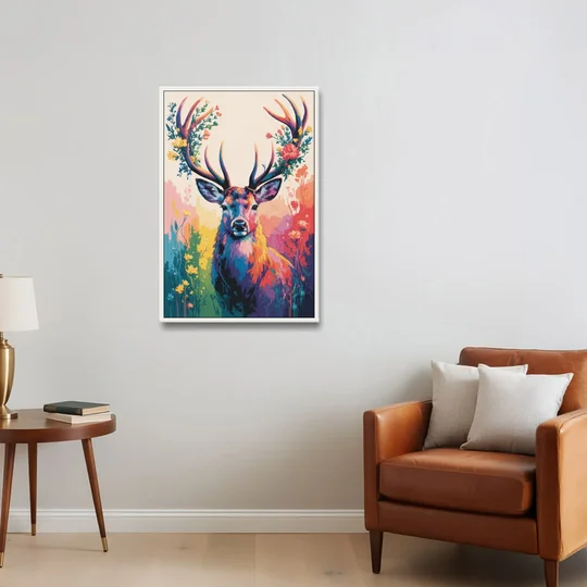 Chic Floral Deer Head - White Framed Canvas Wall Art - Sofa - 24x36