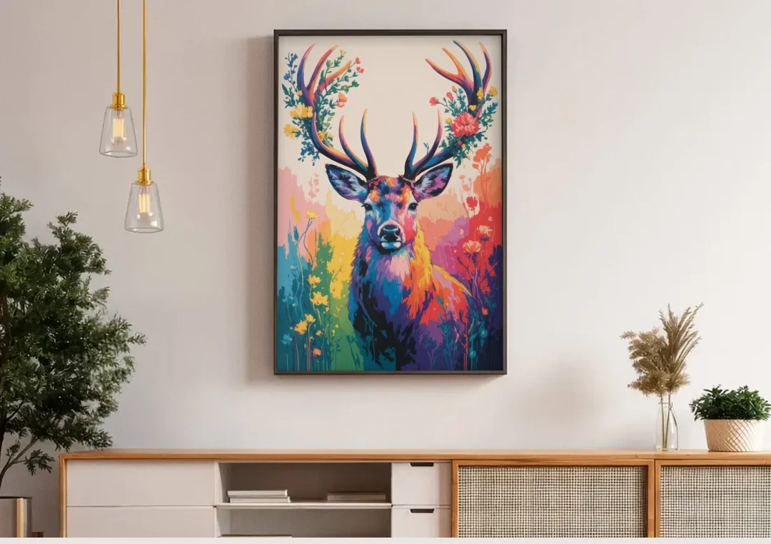 Chic Floral Deer Head canvas wall art above a wooden sideboard under pendant lights