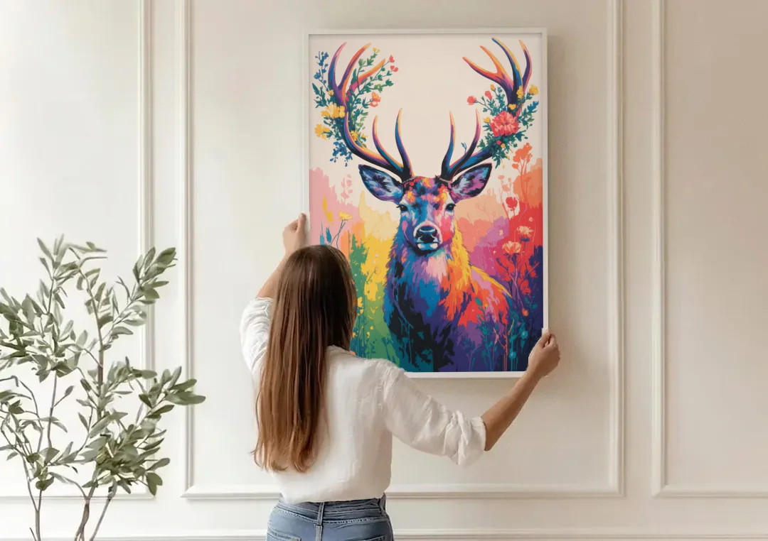Chic Floral Deer Head canvas wall art being hung on a paneled wall