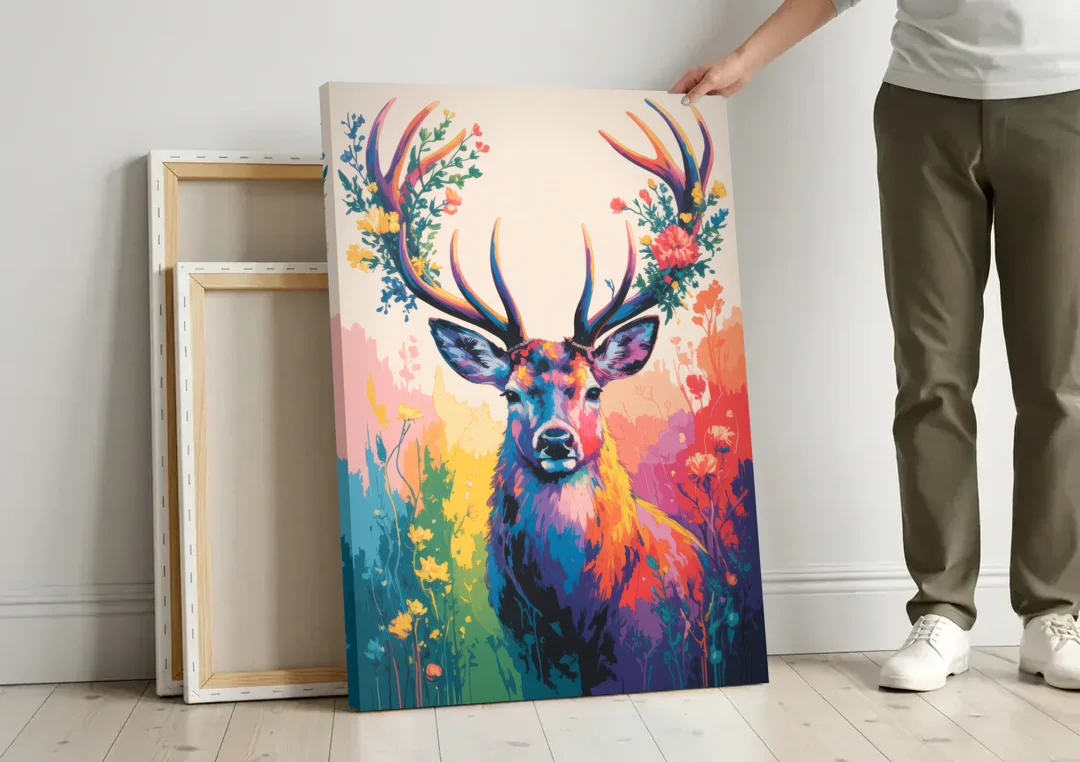 Chic Floral Deer Head canvas wall art leaning against a wall next to blank canvases
