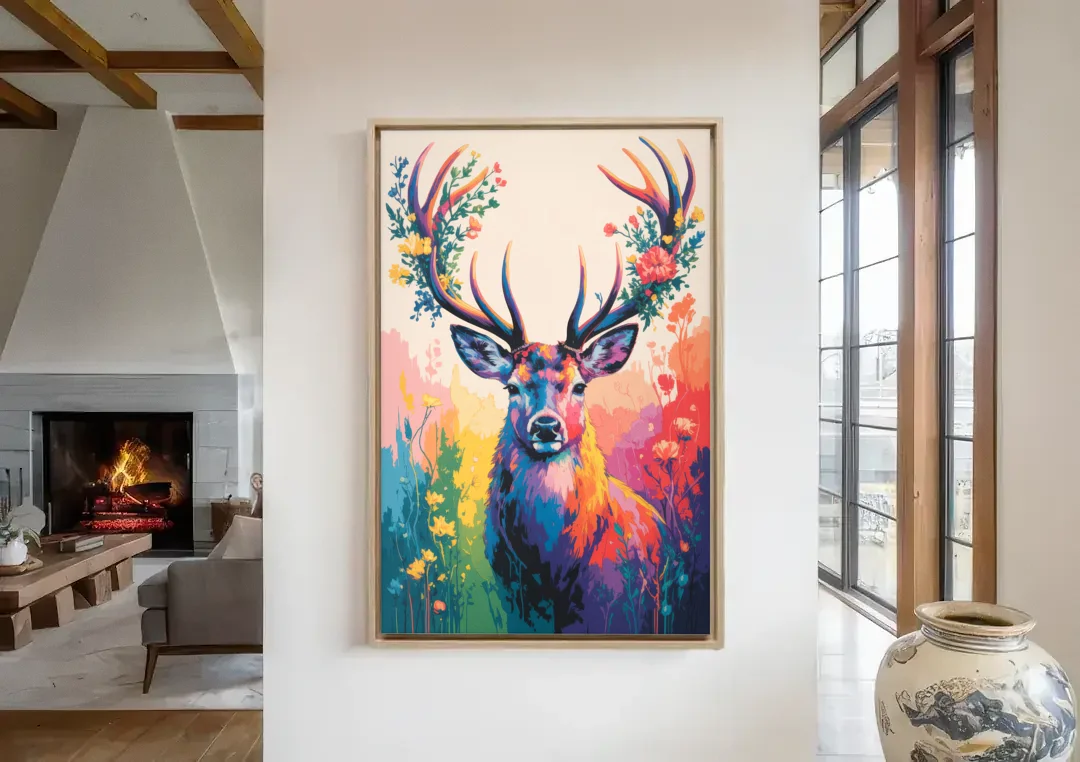 Chic Floral Deer Head canvas wall art in a living room with a fireplace