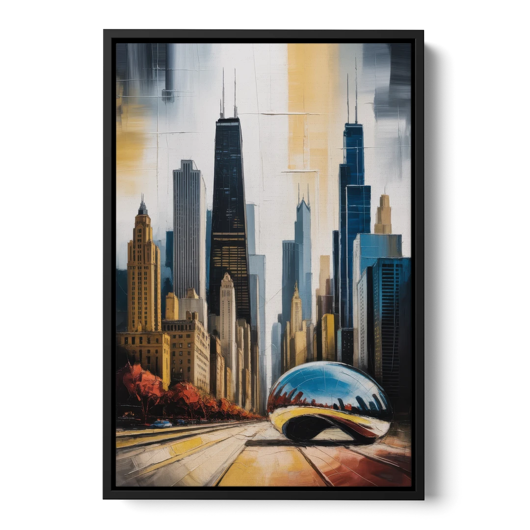 Chicago 3D Layered Skyline Perspective - Black Framed Canvas Wall Art - Front