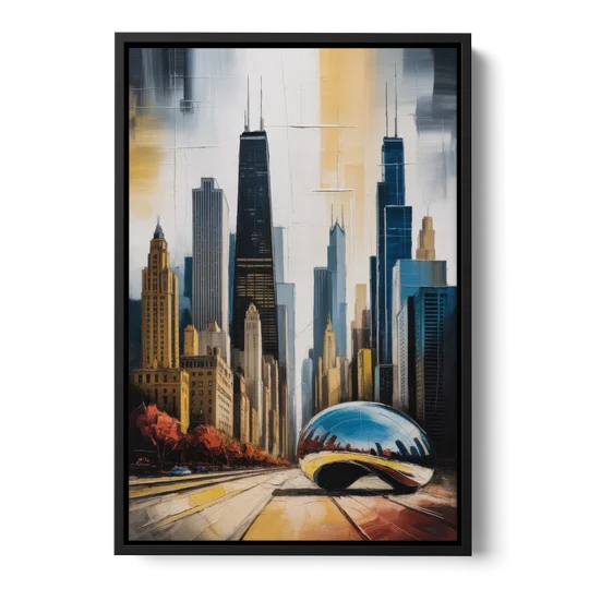 Chicago 3D Layered Skyline Perspective - Black Framed Canvas Wall Art - Front