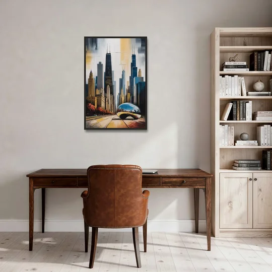 Chicago 3D Layered Skyline Perspective - Black Framed Canvas Wall Art - Office - 24x36