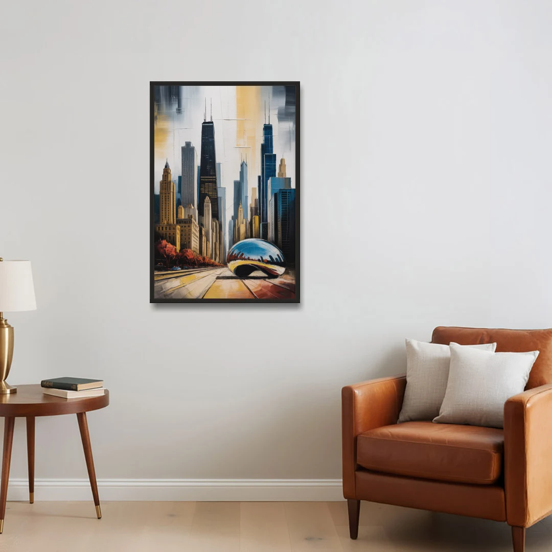 Chicago 3D Layered Skyline Perspective - Black Framed Canvas Wall Art - Sofa - 24x36