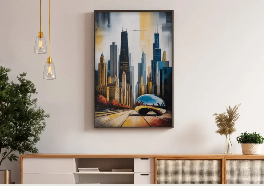 Chicago 3D Layered Skyline Perspective canvas wall art above a wooden sideboard under pendant lights