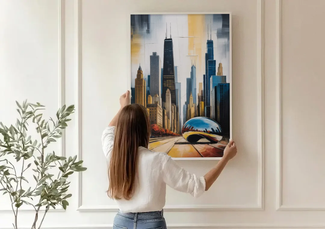 Chicago 3D Layered Skyline Perspective canvas wall art being hung on a paneled wall