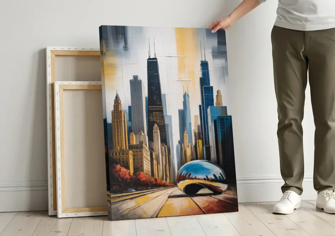 Chicago 3D Layered Skyline Perspective canvas wall art leaning against a wall next to blank canvases