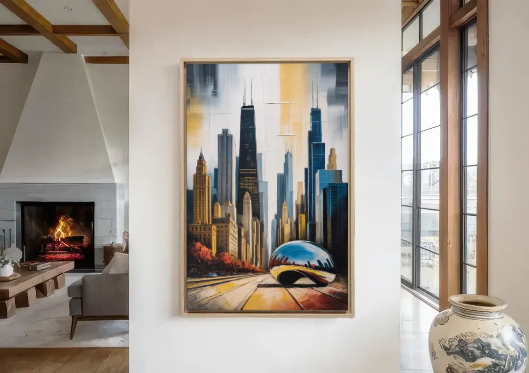 Chicago 3D Layered Skyline Perspective canvas wall art in a living room with a fireplace