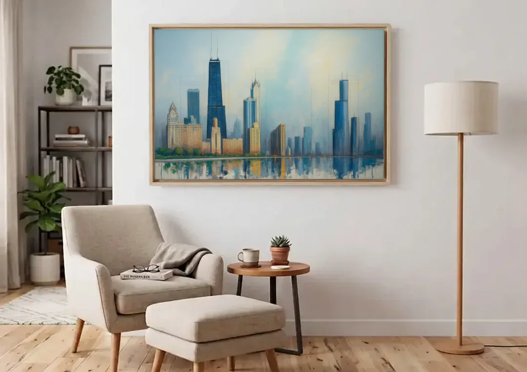 Chicago Architectural Blueprint Series canvas wall art above an armchair in a bright living room