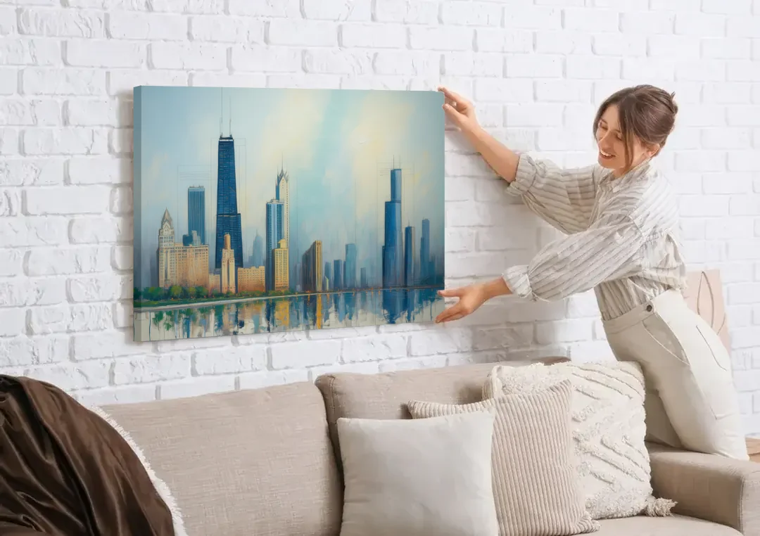 Chicago Architectural Blueprint Series canvas wall art being hung on a white brick wall above a sofa