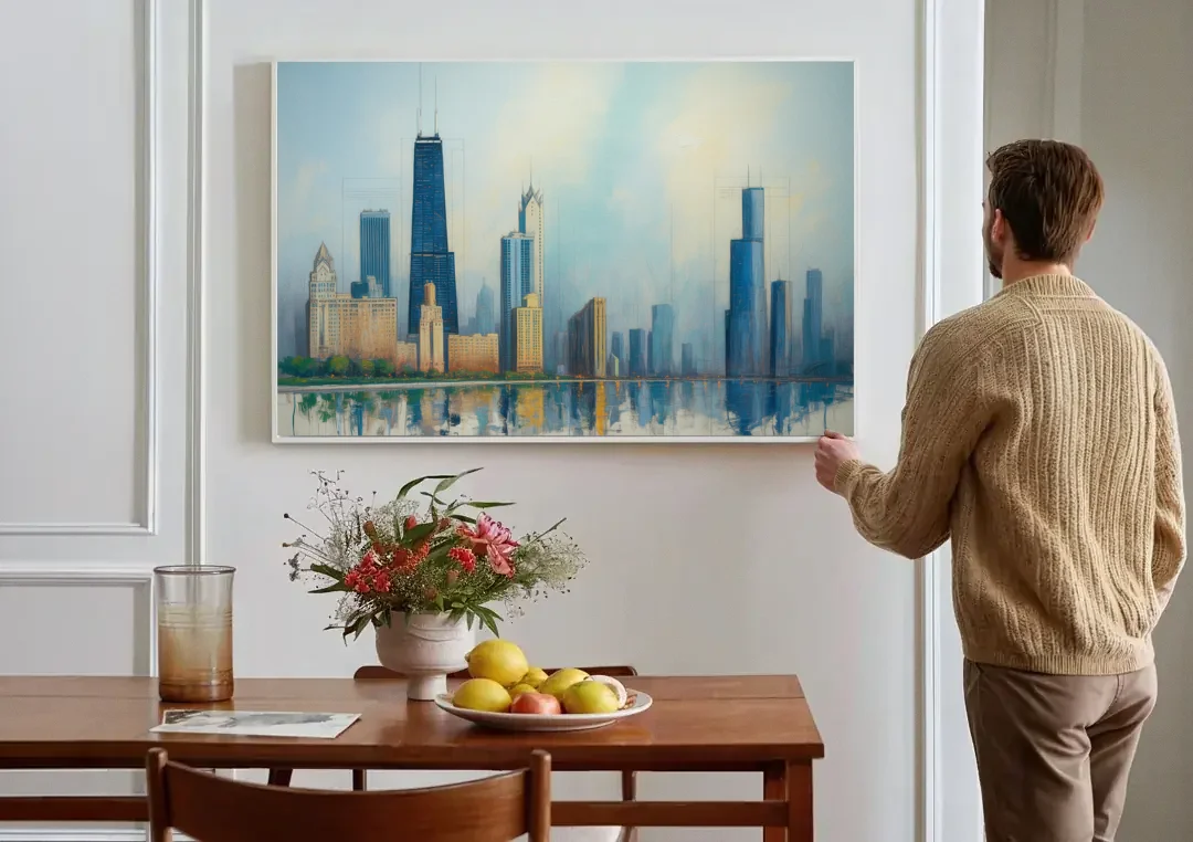 Chicago Architectural Blueprint Series canvas wall art above a dining table