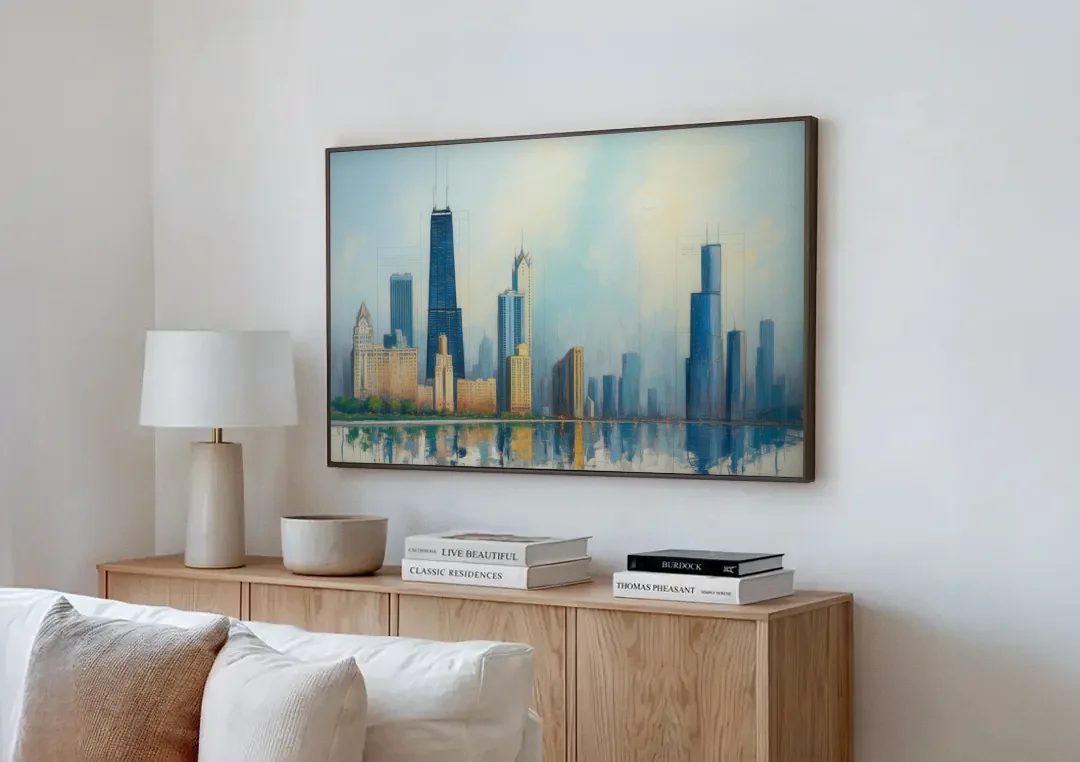 Chicago Architectural Blueprint Series canvas wall art above a wooden sideboard next to a sofa