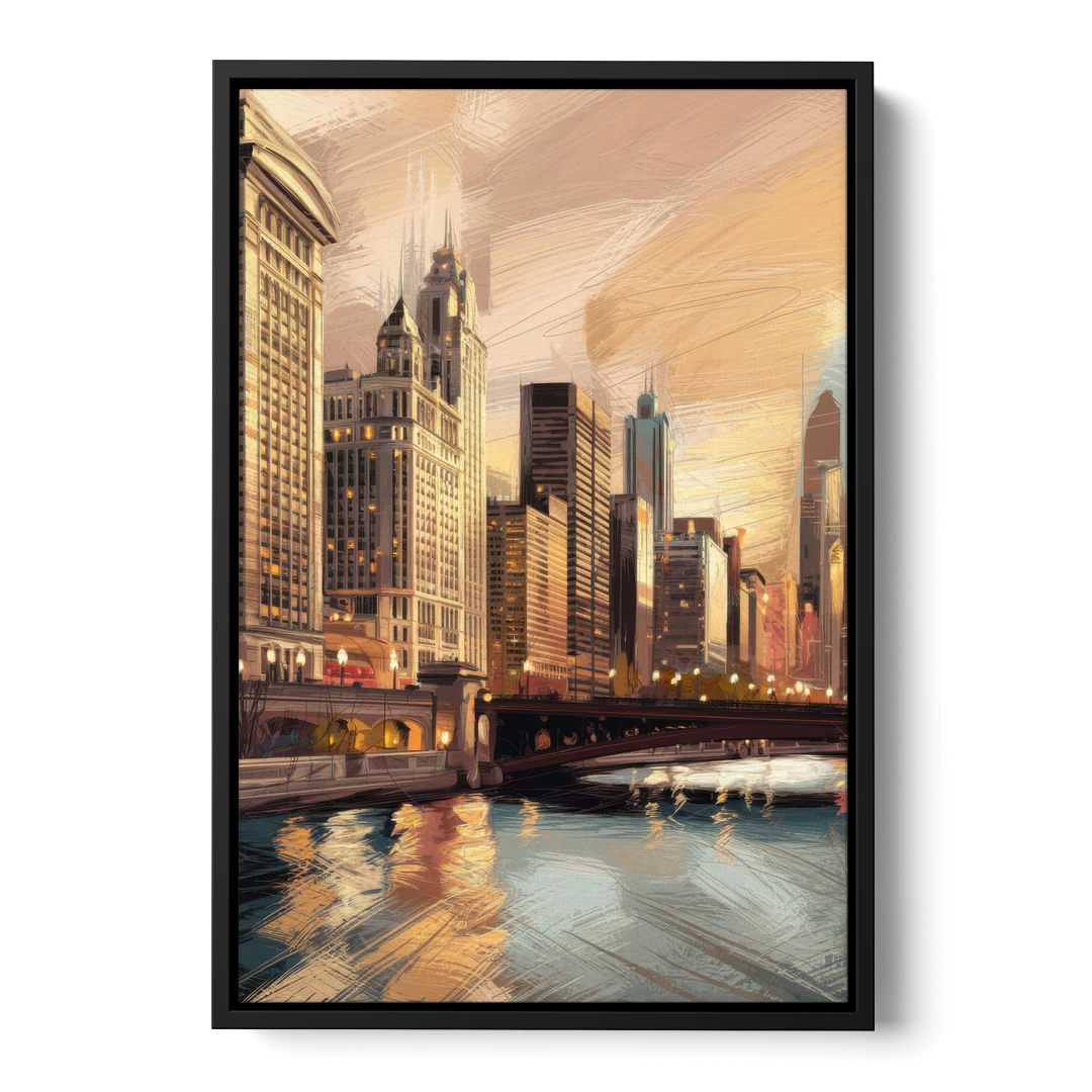 Chicago Architecture and Landmarks - Black Framed Canvas Wall Art - Front