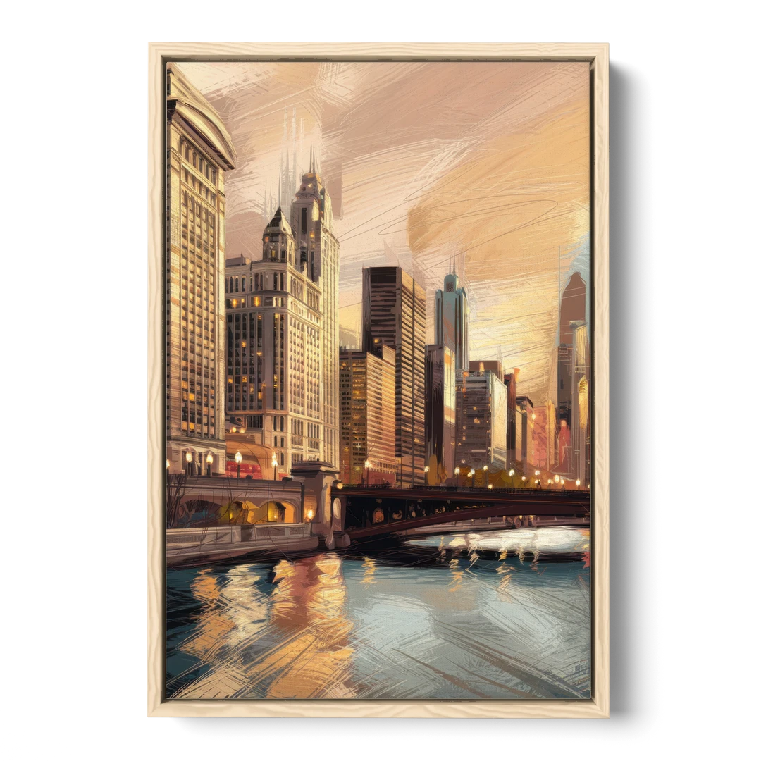 Chicago Architecture and Landmarks - Oak Framed Canvas Wall Art - Front