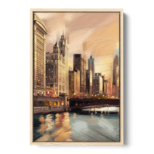 Chicago Architecture and Landmarks - Oak Framed Canvas Wall Art - Front