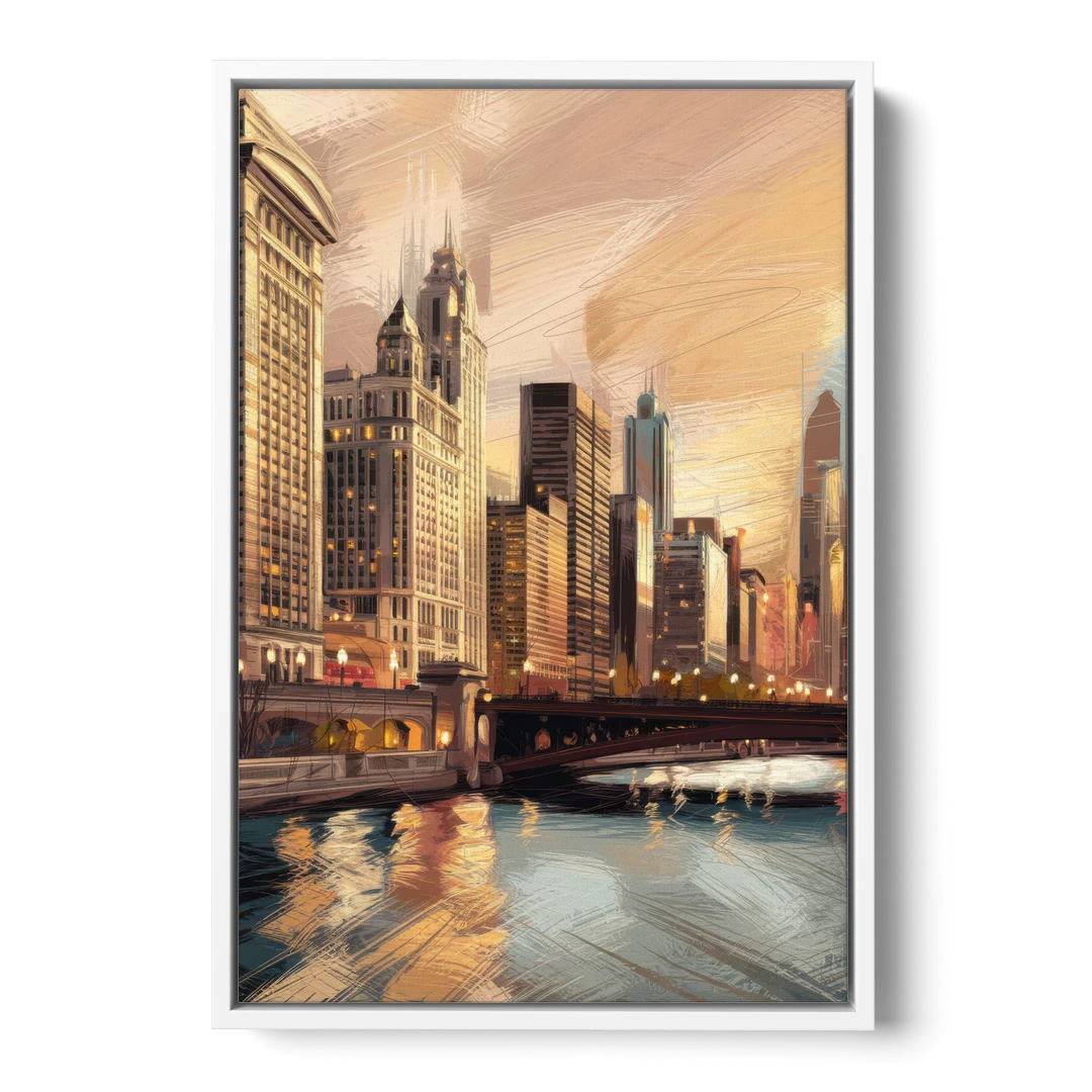 Chicago Architecture and Landmarks - White Framed Canvas Wall Art - Front